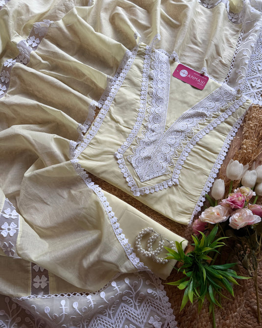 Pakistani cotton lace detail suit with organza patch