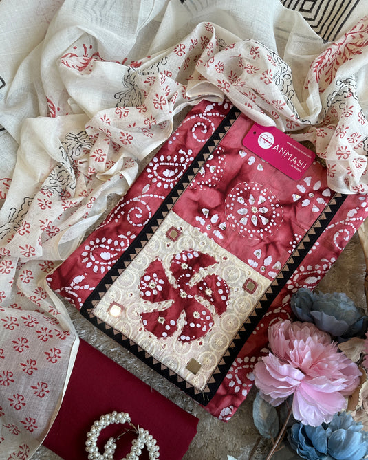 Cambric batik print suit with hakooba neck and block print dupatta