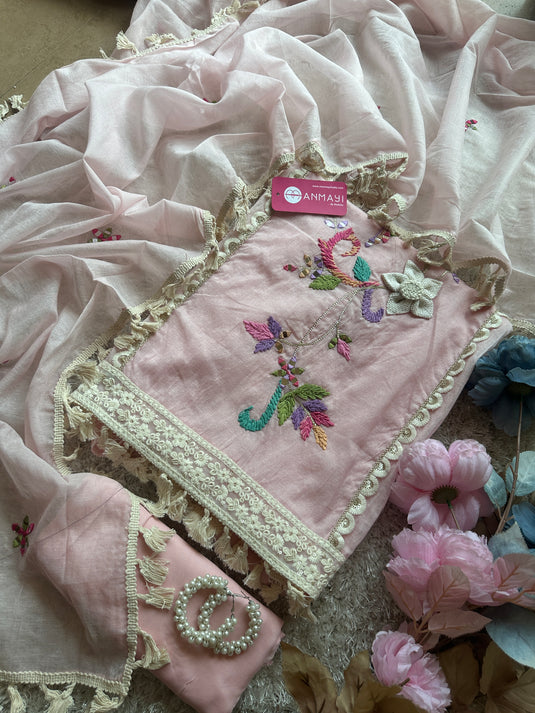 Wool mirror work Mul Chanderi sets with tassel dupatta