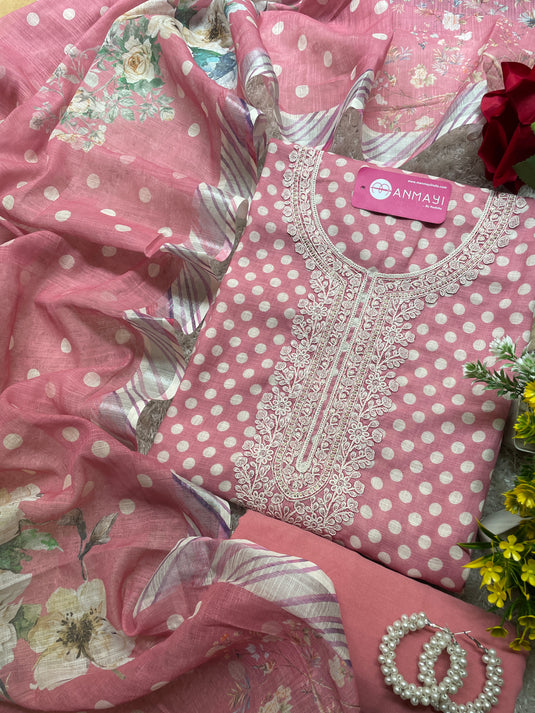 Soft linen cotton polka dots suits with digital dupattas