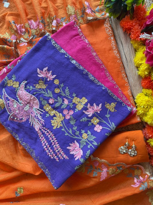 Hummingbird Floral Embroidery Mul Chanderi suit set