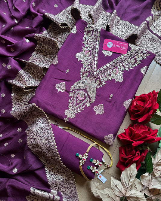 Pita work neck Banarasi dolla silk suit set