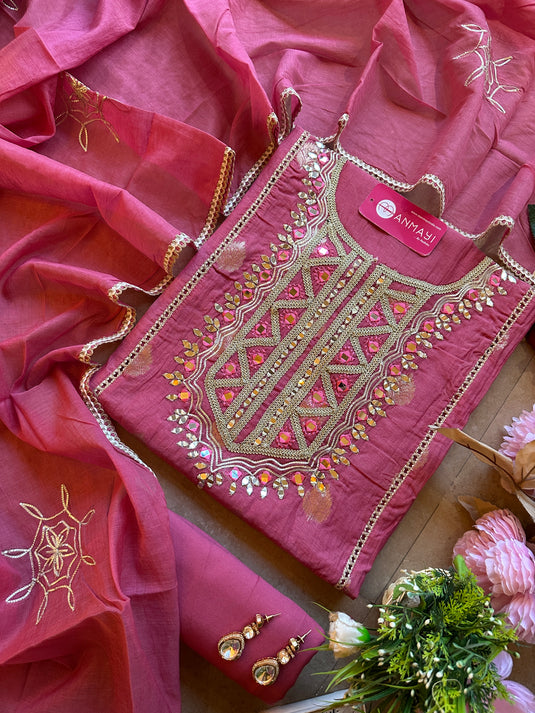 Mirror detailed dori neck mul chanderi banarasi suit set