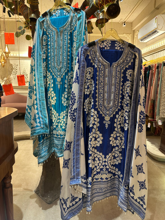 Floral patterned pearl highlight raw silk suit set