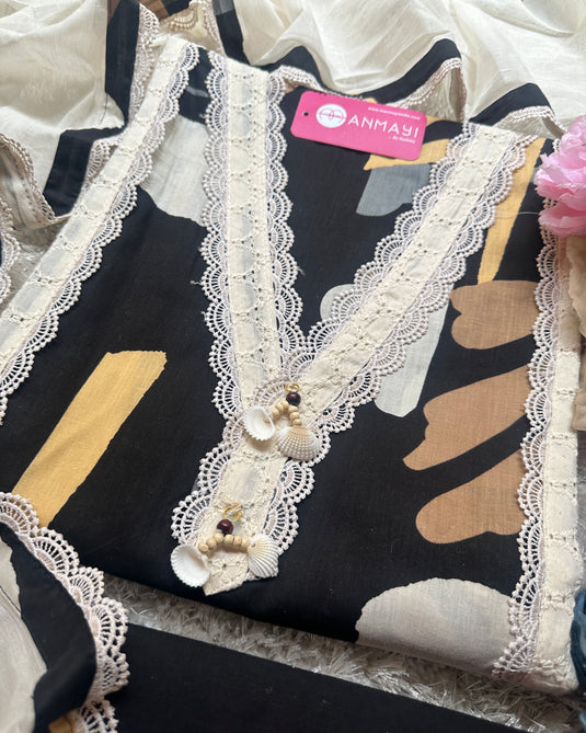 Abstract dark shades hakooba lace patterned pure cotton suit set