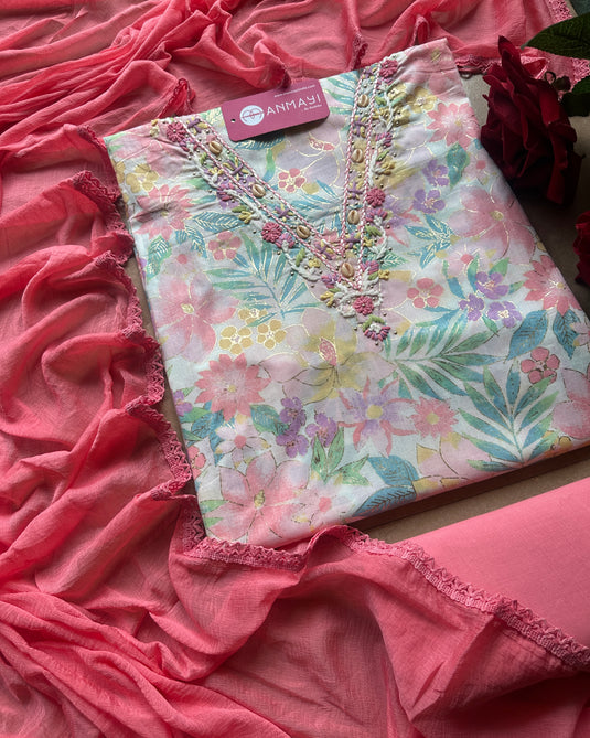 Printed gold print cambric cotton suit set