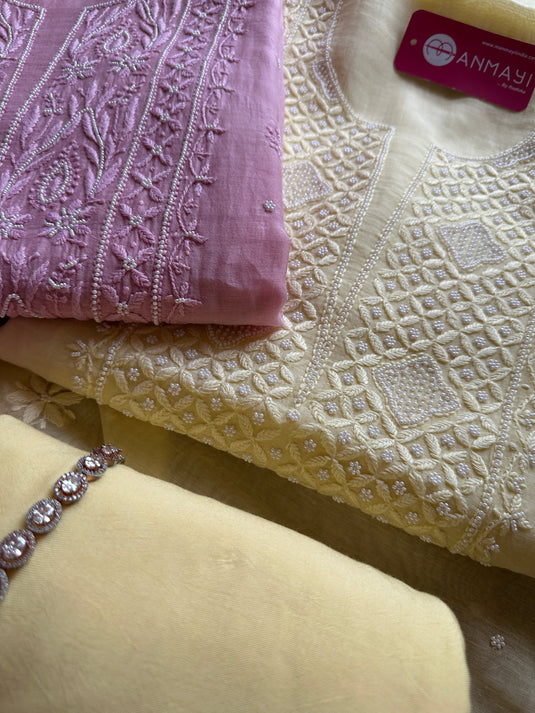 Pastel pure Mul suit set with Chikankari pearl work