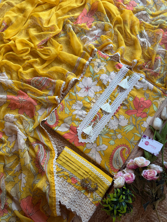 Cotton Pakistani tassel neck yellow floral suit set
