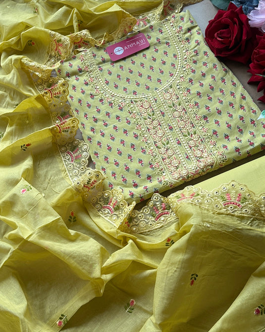 Printed cambric cotton lime Cutwork embroidered dupatta suit set