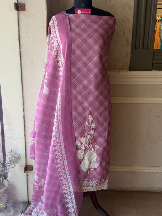 Italian check lavender linen suit set with flower highlight