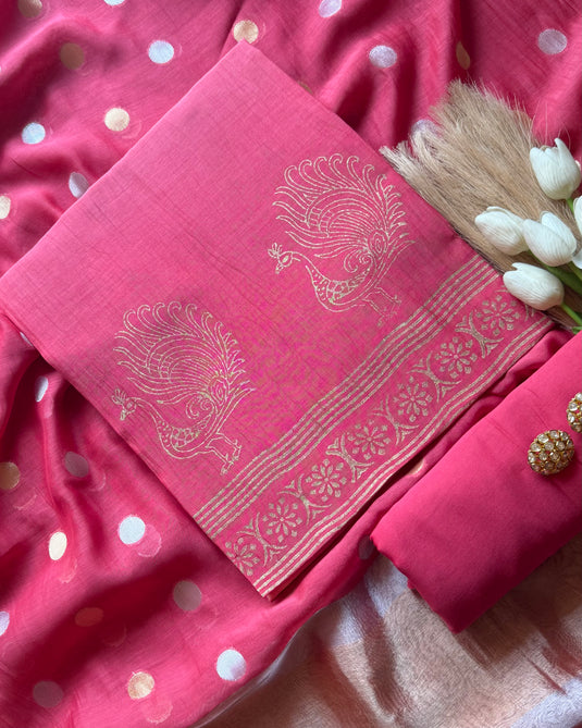 Pure Mul Chanderi block print suit set with Zari weave dupatta