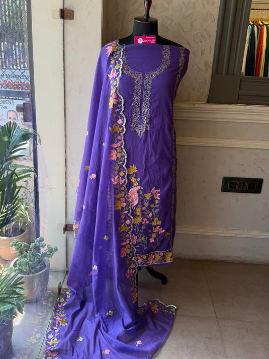 Hummingbird Floral Embroidery Mul Chanderi suit set
