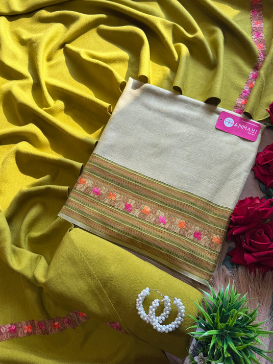 Kullu weaves merino wool coloured border suit set