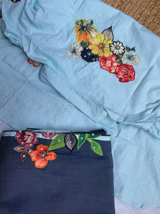 Stripy high low pattern patch pearl detailed coord set with denim bottoms