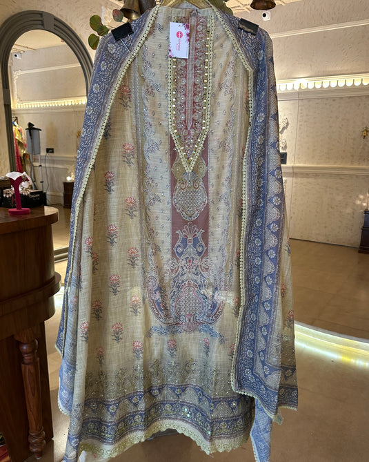 Printed linen Chanderi suits with highlighted thread and mirror details