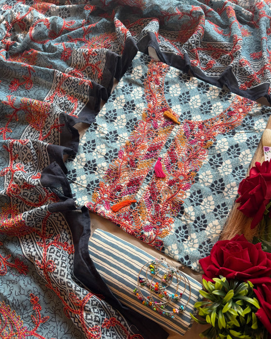 Coloured Kantha neck and dupatta on printed cotton suit