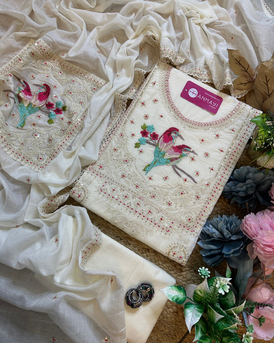 Parrot paradise embroidered cotton suit set