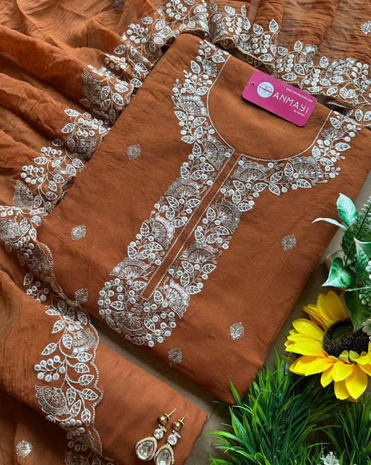 Intricate embroidered soft mul Chanderi suit set (Includes Shirt Lining)