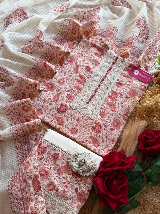 Printed pure cotton crochet work suit set with Kota block print dupatta