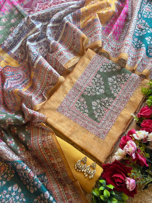 Tussar silk suits paired with printed Persian dupatta