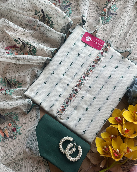 Pure cotton white green combination suit set with embroidered Kota dupatta
