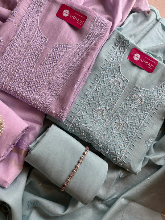 Pastel pure Mul suit set with Chikankari pearl work