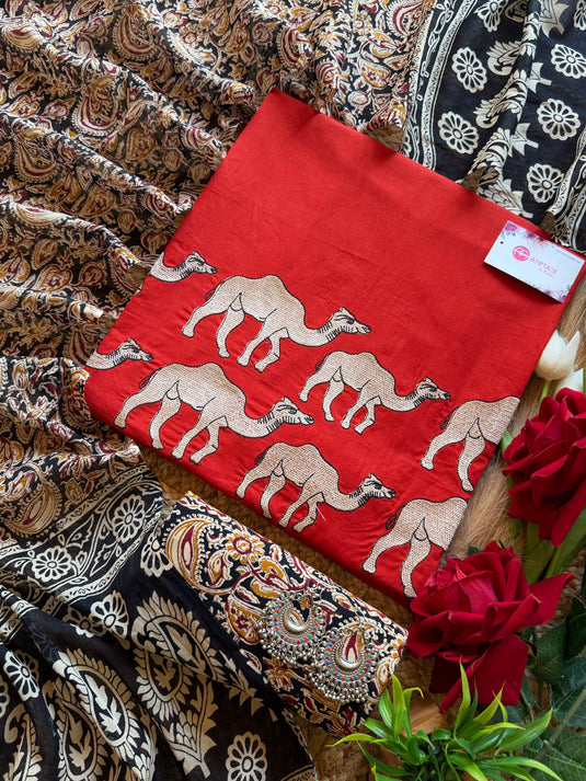 Cotton camel motif suit set with Ajrakh cotton dupatta and bottom
