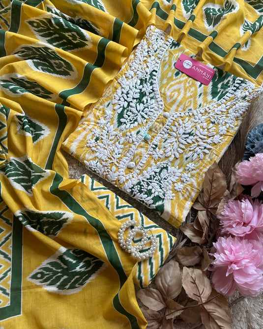 Ikkat print chikan neck soft cotton suit set