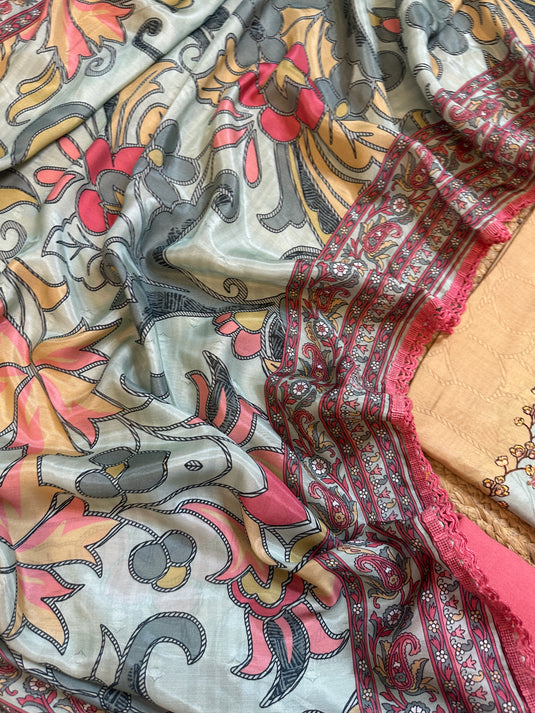 Coloured muslin coral peach Pakistani layers suit set with digital Kantha dupatta