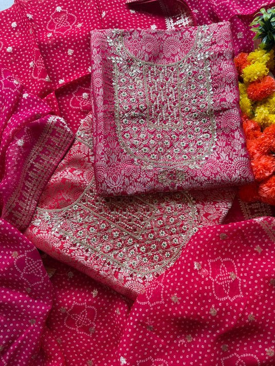 Brocade silk pita pearl work suit set with Banarasi Georgette dupatta