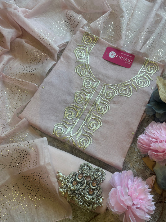 Pita Work mul chanderi pastel suit set by