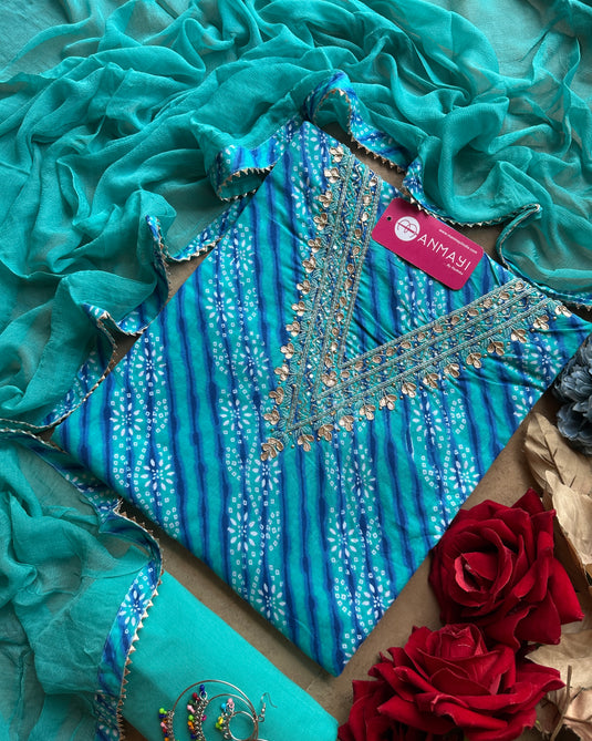 Pure cotton lehria print suit set with gotta v neck and pure chiffon dupatta