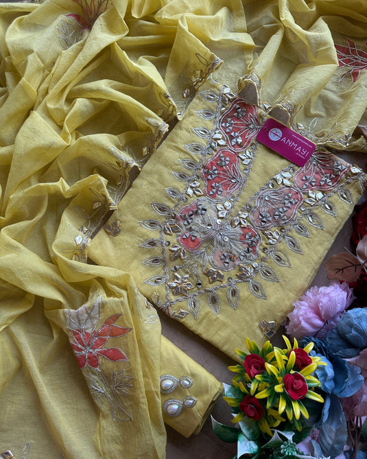 Gotta embroidered neck pure mul chanderi suit set