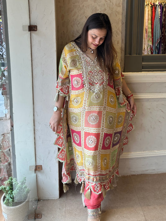 Coloured gharchola gotta work festive kaftan set