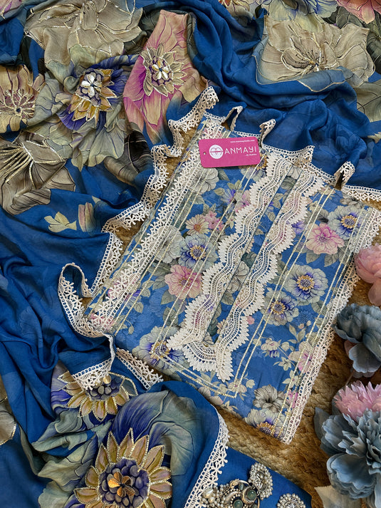 Floral affair muslin cotton patterned suit with pure crepe digital highlighted dupatta