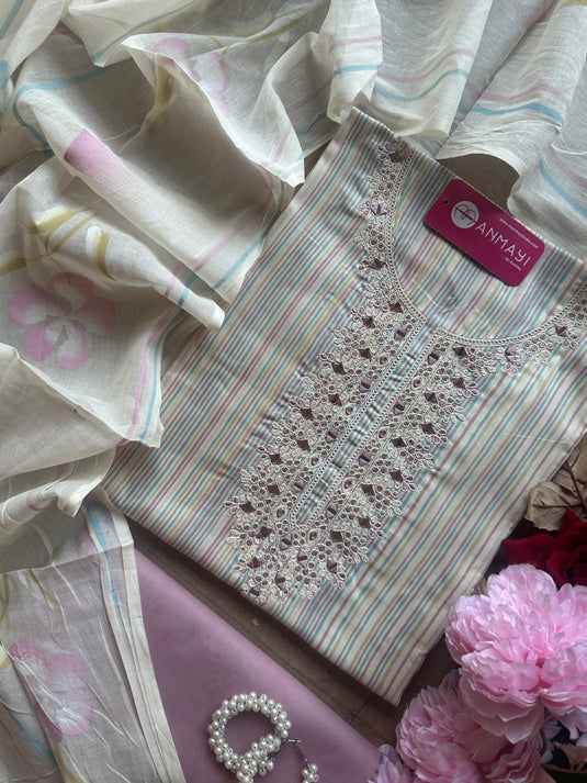 Rainbow stripes cambric cotton suit set with dori mirror neck and handprint dupatta