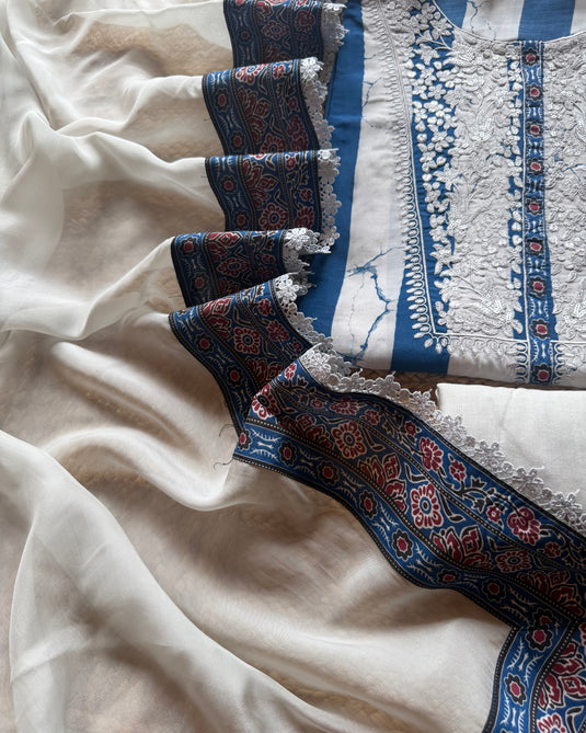 Stripes Parsi neck pure muslin suit set