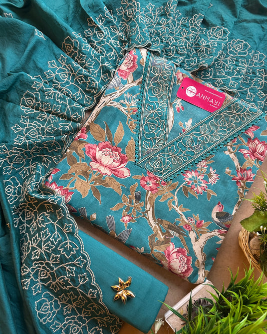 Organza patched printed cotton suit set with cotton silk embroidered dupatta