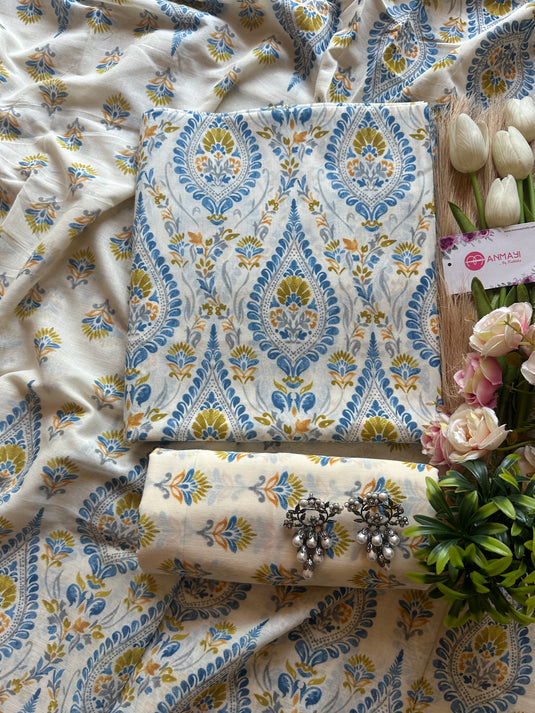 Cream base floral fine Cambric cotton suit set