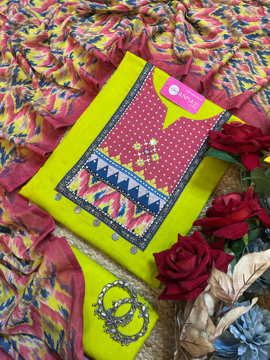 Rayon Banjara neck suit with muslin dupatta
