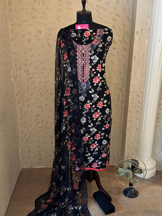 Floral cotton suit with cross stitch neck and pure chiffon printed dupatta