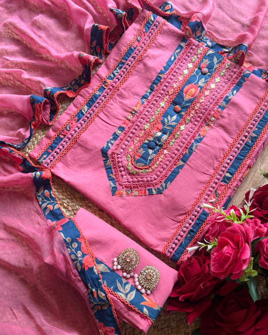 Patched print pink turquoise pure cotton suit set with highlighted paper mirror work with pure dupatta