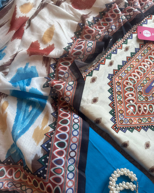 Muslin cotton Ikkat print suit set with rayon bottoms
