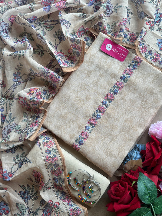Linen suit set with printed Kantha embroidered dupatta