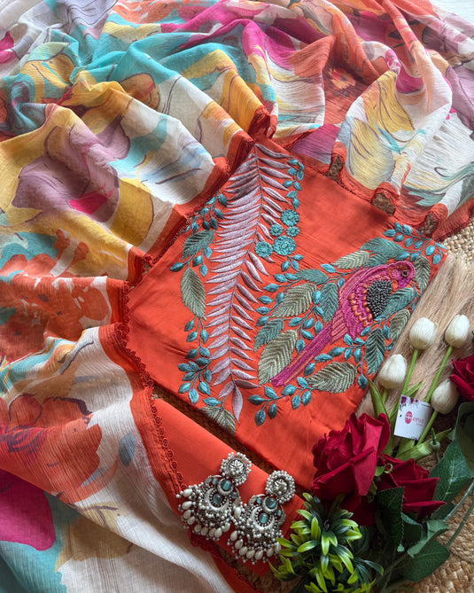 Embroidered Mul cotton suit with digital patterned georgette dupatta