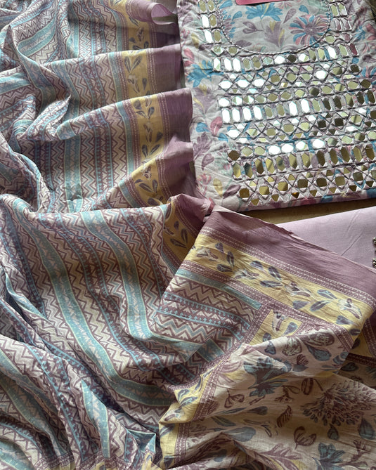 Printed cambric cotton suit with real mirror work