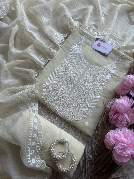 Mul Chanderi Chikankari pearl neck suit set