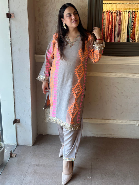 Neon beige cotton silk weaving coord set with boho lace