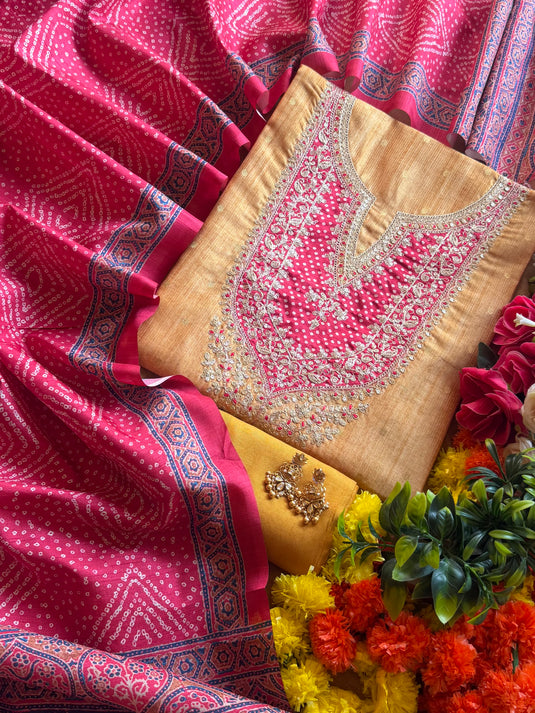 Patched bandhani Dori art Tussar silk suit set
