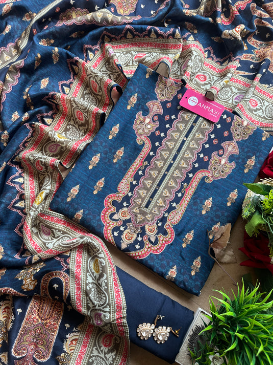 Arabic print raw silk mirror work suit set